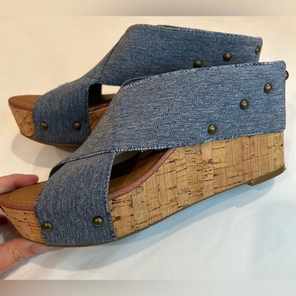 Crown Vintage Cork Wedge Blue Denim Stretch Studded Sandal Size 6.5